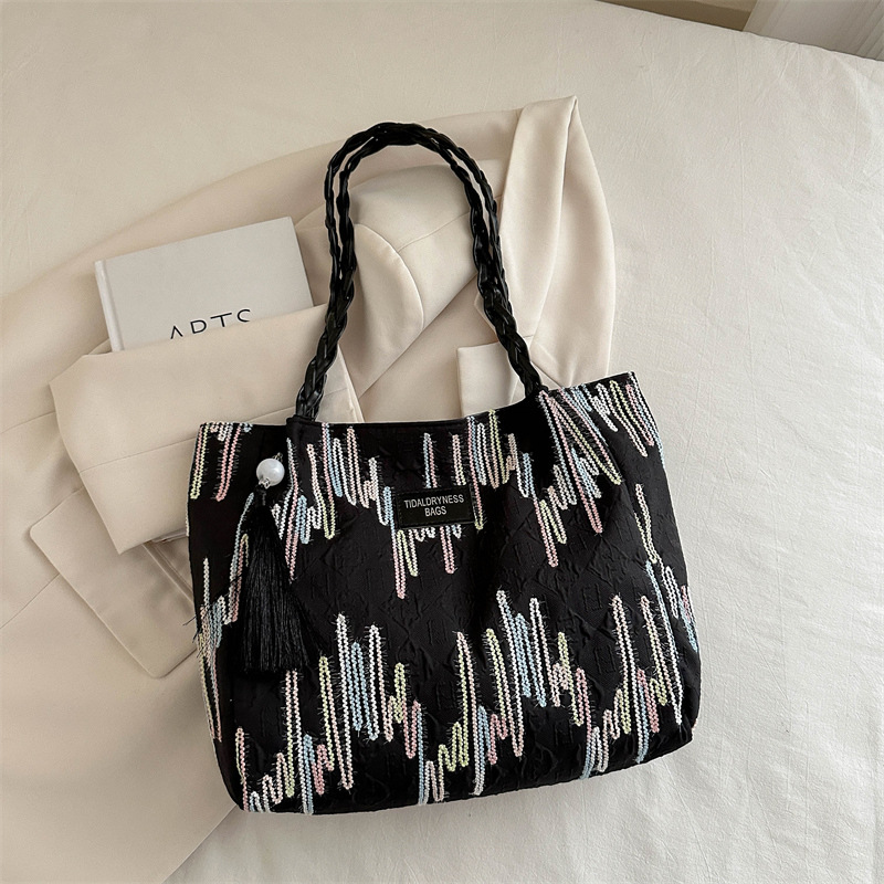 Bolso de gran capacidad para mujeres 2024 verano nuevo bolso de viaje de lona de color contrastante rayas de hombro amplio bolso debajo de la axila