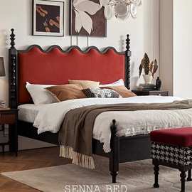 中古床法式复古实木床红橡木中古双人床1.8米主卧家具美式软包床