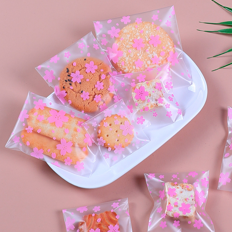 Rosa flor de cerezo esmerilado autoadhesivo bolsa copo de nieve crujiente turrón Galleta de arándano embalaje auto-Sellado bolsa de regalo