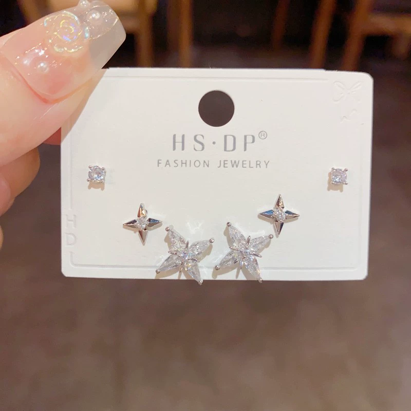 Серебряная игла, короткий цирконий, универсальные серьги, набор, образец серебра 925, микроинкрустация, японская и корейская стили, простой и элегантный дизайн, набор из 3 шт.