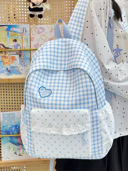 New student backpack, fresh and cute, versatile for daily use, large capacity, plaid lace, for middle and high school girls