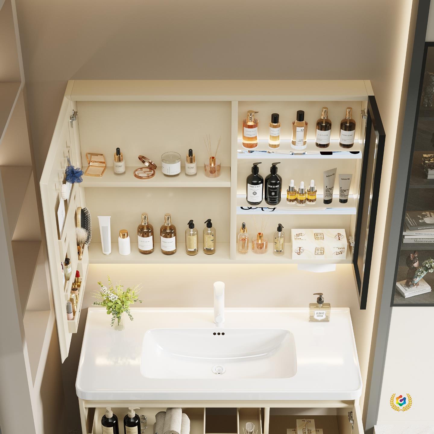 ☊ Space Aluminum Arc-Shaped Bathroom Mirror Cabinet, Separate Bathroom Wall-Mounted Smart Mirror with Lighting and Storage