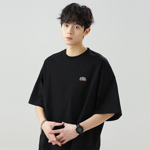 Japanese-style loose pure cotton short-sleeve T-shirt for men, summer quality mountain pattern embroidered crew neck shirt, versatile couple half-sleeve