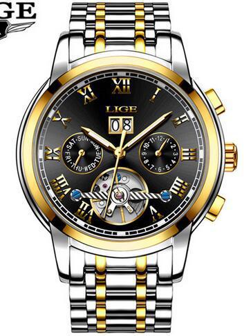 LIGE 9813 caliente-venta hueco transparente Tourbillon multifunción reloj mecánico automático correa de acero reloj de hombre