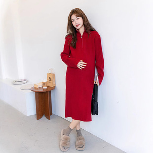 Autumn and Winter Maternity Fashion Half Zip Pregnant Women's Dress Loose Stretch plus size Long Collar Elegant Skirt