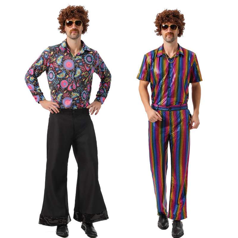 Halloween Men's Retro 70S Disco Hip Hop Suit Cos Hippie Elvis Printed Shirt Suit