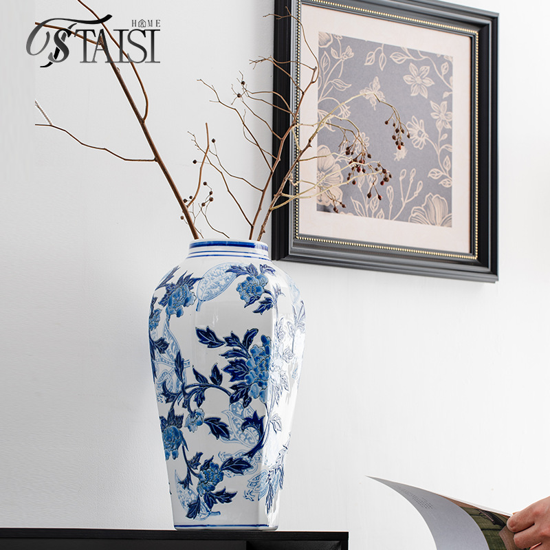 파란색과 흰색 도자기 세라믹 꽃병, 고급 가정 꽃꽂이, 작은 장식품, 거실 장식 공예품, 꽃 그릇, 일반 항아리