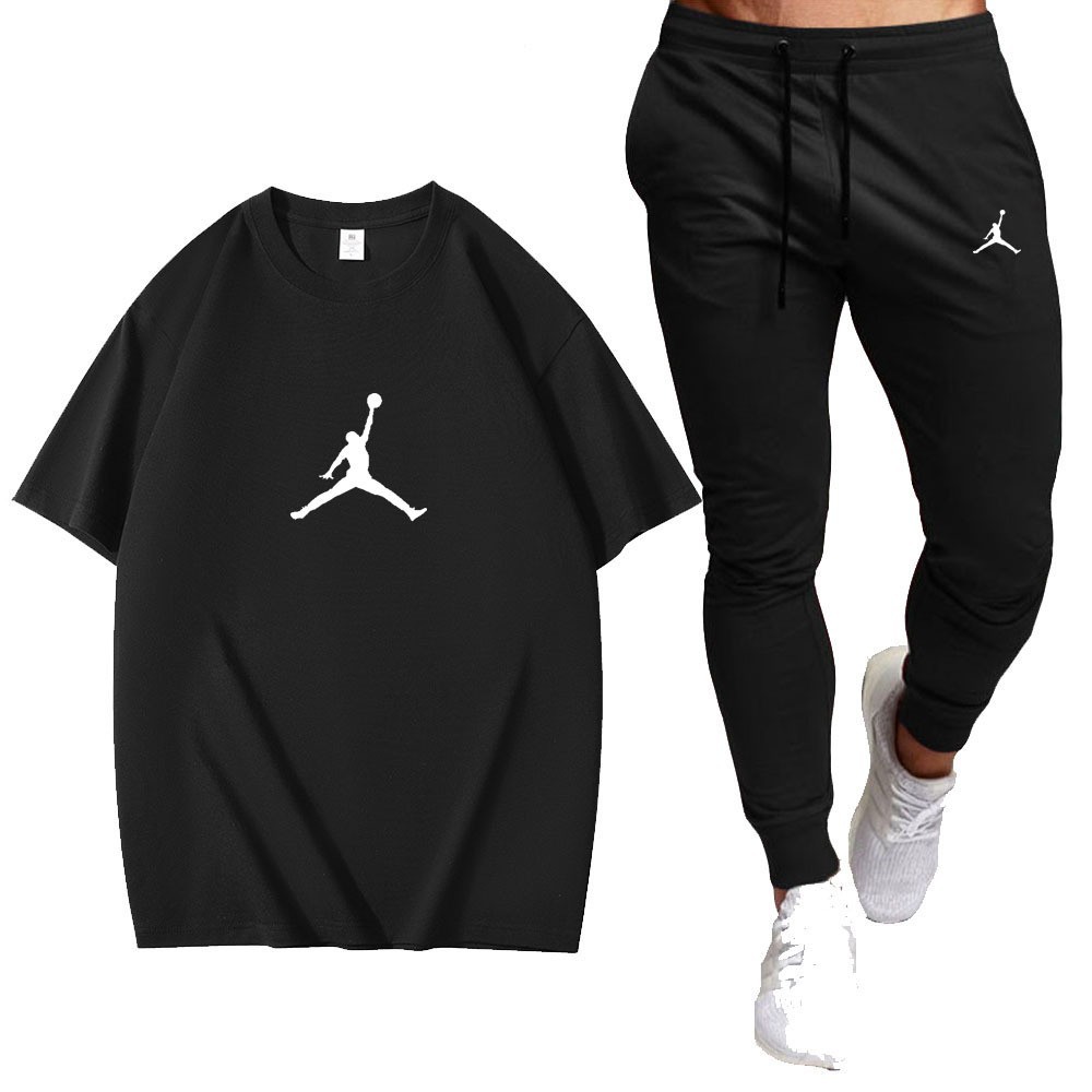 跨境男士夏季棉质短袖T恤衫长裤两件套圆领短袖休闲运动套装现货