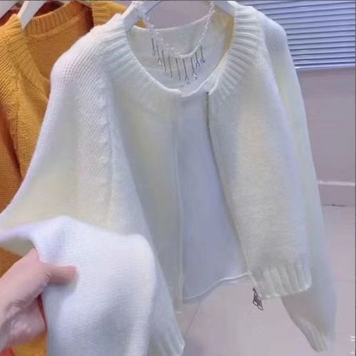 Lazy Feeling Solid Color Short Cardigan Jacket for Women Autumn Korean Style Loose Lazy Outerwear Zipper Knit Top