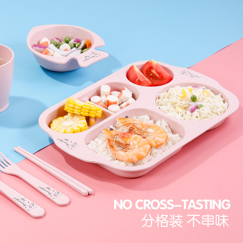Cross-border wheat straw plate with deep divided tray, household dining plate, five-grid baby snack plate, children's fruit plate