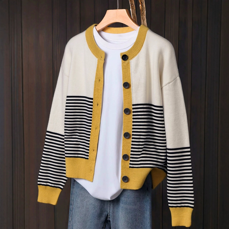 Autumn and Winter Lazy Style Women's Striped Color-Blocked Button-Up Cardigan Sweater European and American Style Knit Cardigan Autumn and Winter Lazy Style Women's Striped Color-Blocked Button-Up Cardigan Sweater European and American Style Knit Cardigan