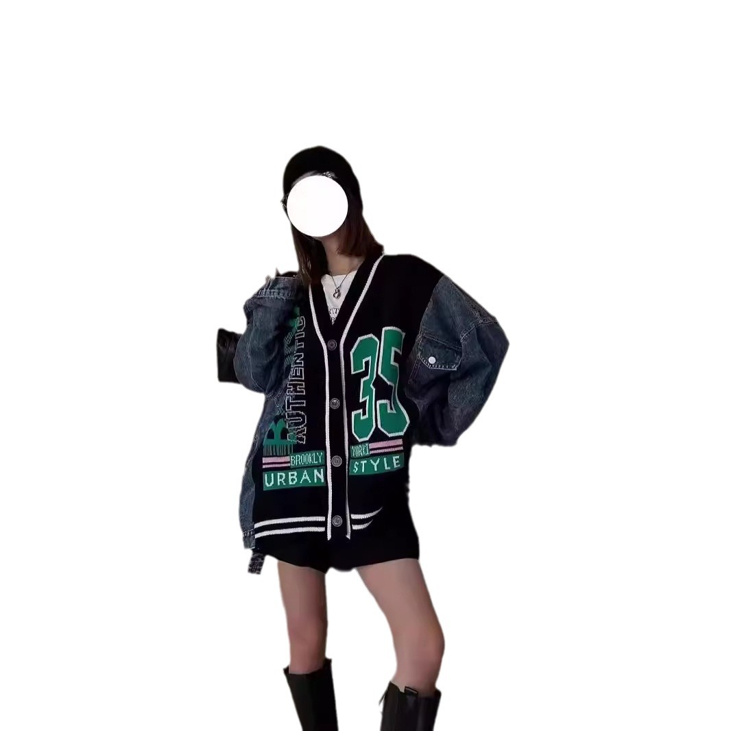 Women's Clothing denim patchwork knitted jacket _voghion.com