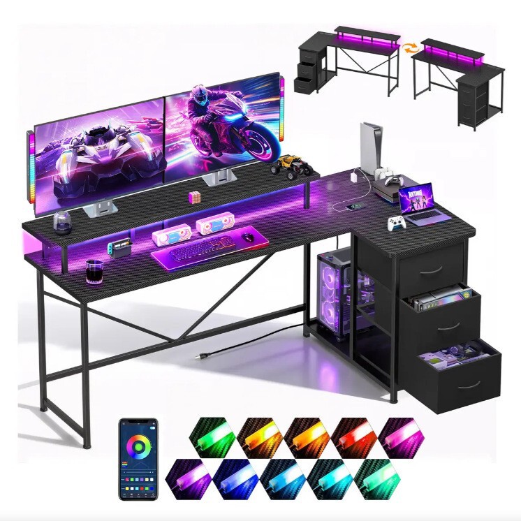 Office Desk Drawer File Cabinet Home L-Shaped Gaming Desk with Led Light Power Socket Student Entertainment Computer Desk Office Desk Drawer File Cabinet Home L-Shaped Gaming Desk with Led Light Power Socket Student Entertainment Computer Desk