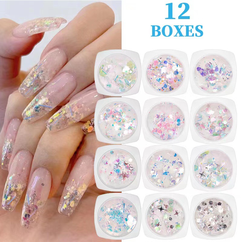 Internet celebridad nueva uñas lentejuelas de cristal 12 colores traje flash mezclado brillo lentejuelas DIY uñas adorno Decoración