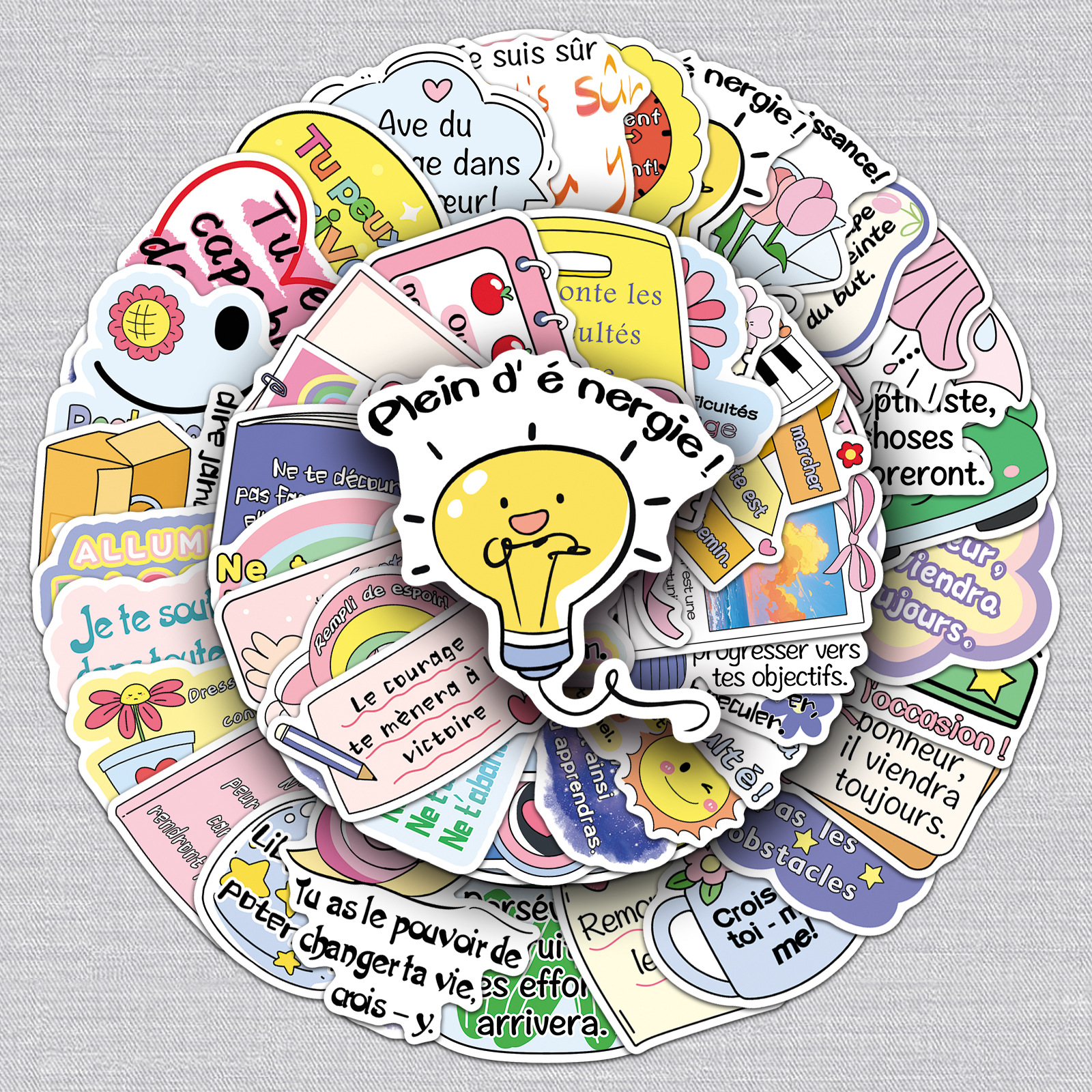 50张法语励志文字贴纸跨境原创正能量创意装饰手帐本咕卡电脑贴纸