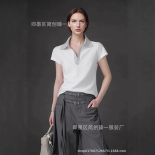 French Style Polo Collar T-Shirt Women's Lapel Right Shoulder Short-Sleeved V Neck Short-Sleeved Simple Slim Short Top Spring and Summer