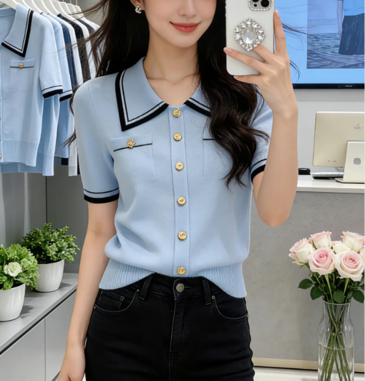 Áo thun polo nữ cổ bẻ tay ngắn sợi mát lạnh phối màu cao cấp — Màu ảnh chi tiết 5