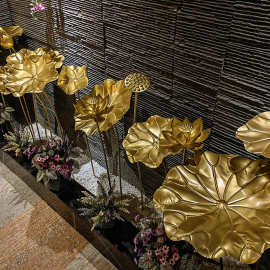 铁艺莲花水幕墙新中式金属景观装饰荷花金色室内摆件荷叶水景水池
