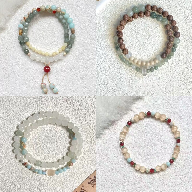 "Qingyun Ancient Rhythm" New Chinese Style Beige Jade White Butterfly Shell Beaded Bracelet Exquisite and Versatile Cat's Eye Double Layer Bracelet for Women