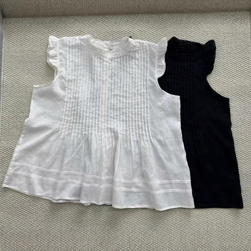 French Romantic Sleeveless Pleated Top Shirt Collar and Cuffs Lace Embellished Linen Small Flying Sleeve Shirt for Women