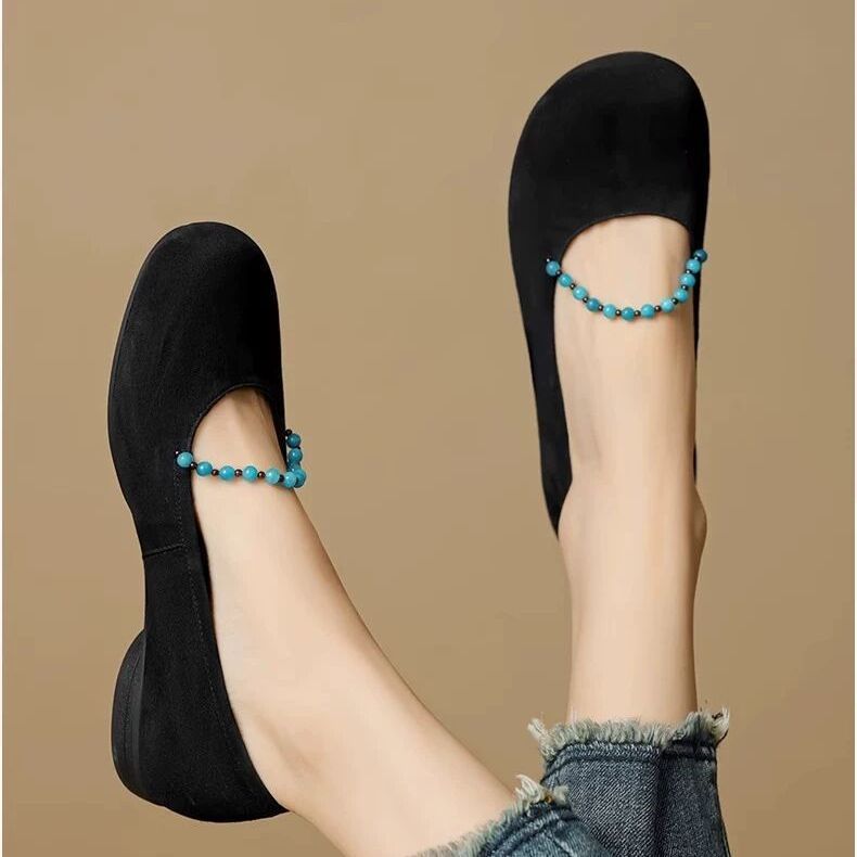 2026 primavera zapatos de cuero suave de talón bajo con cuentas superficiales zapatos de mujer cabeza redonda plana retro estilo nacional zapatos de abuela