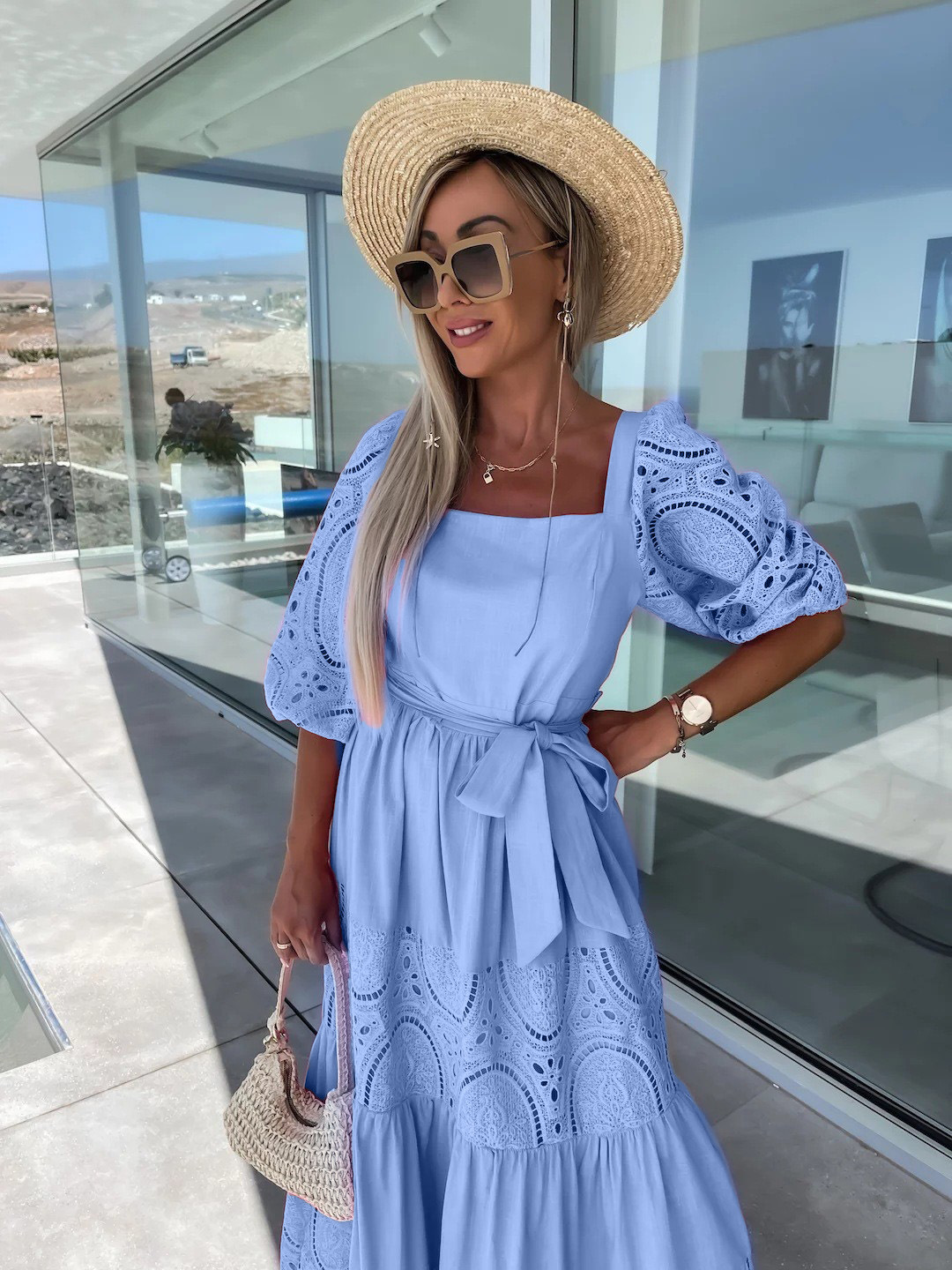 Women's Swing Dress Vacation Square Neck Hollow Out Half Sleeve Solid Color Maxi Long Dress Holiday display picture 1