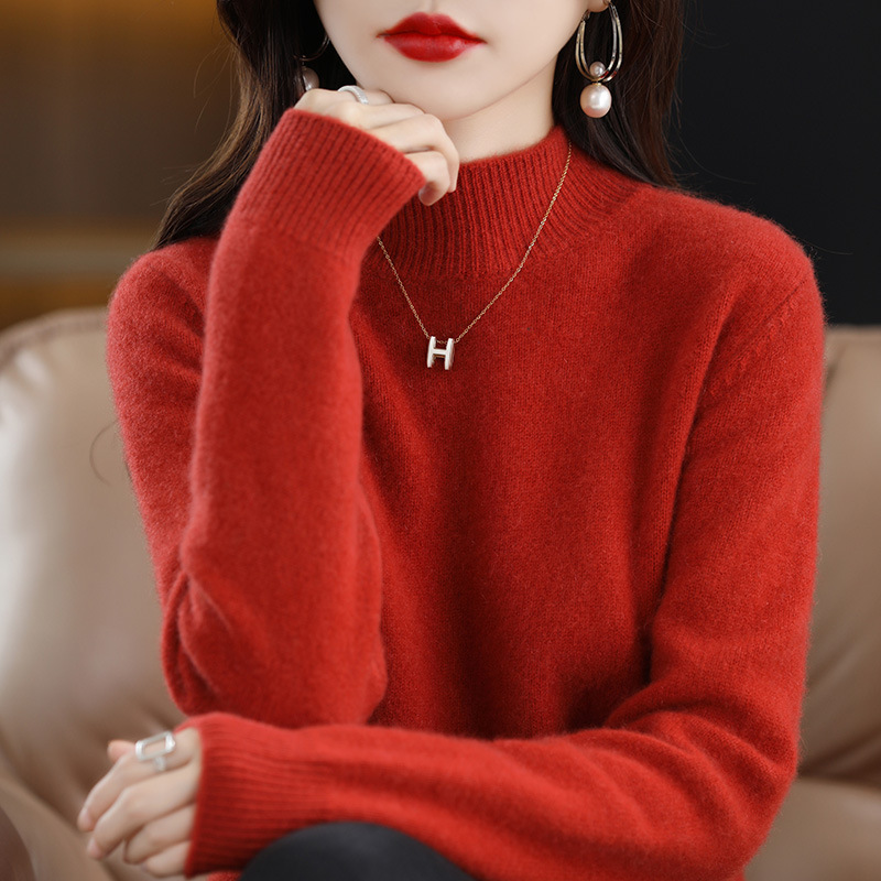 鄂尔多市春秋半高领五分袖羊毛针织衫女毛衣中袖薄打底衫|undefined