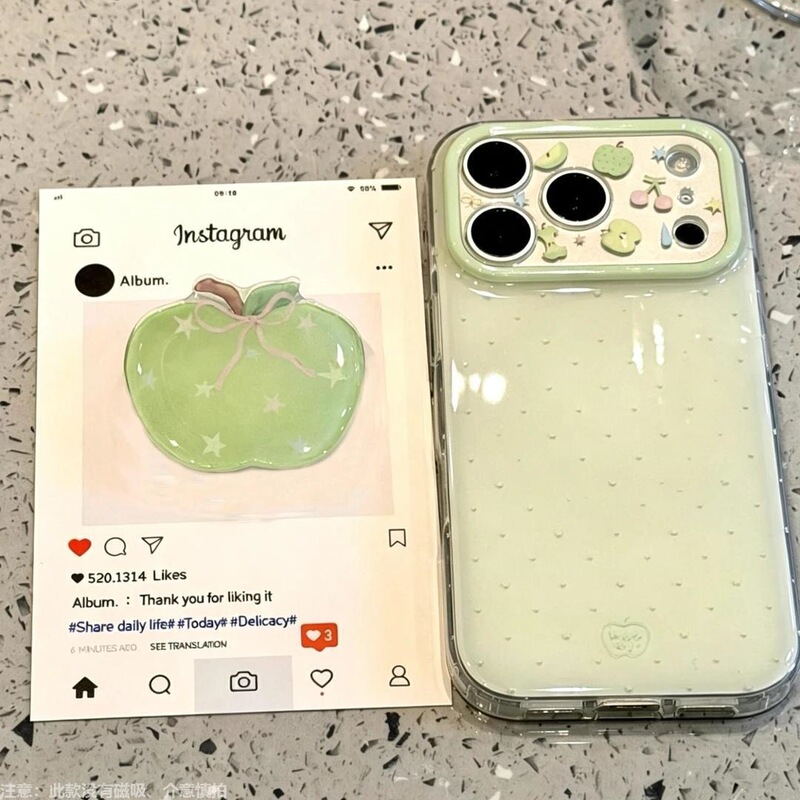 Suitable for iPhone 17 phone case, green apple polka dot green fruit case, anti-drop IMD case for iPhone 16