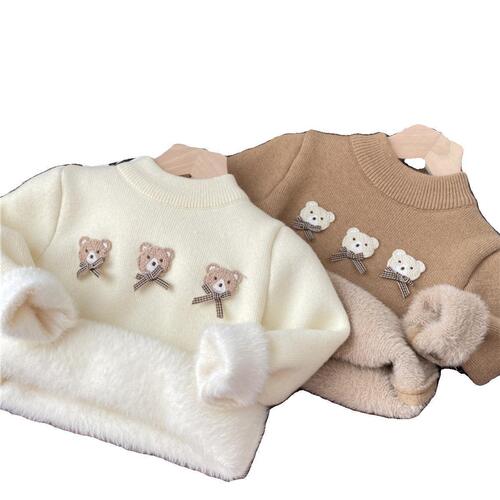 Children's Autumn/Winter One-Piece Fleece Sweater for Boys and Girls, Winter Fleece Lining Base Shirt for Kids, Baby Thicker Knit Topwear, Trendy