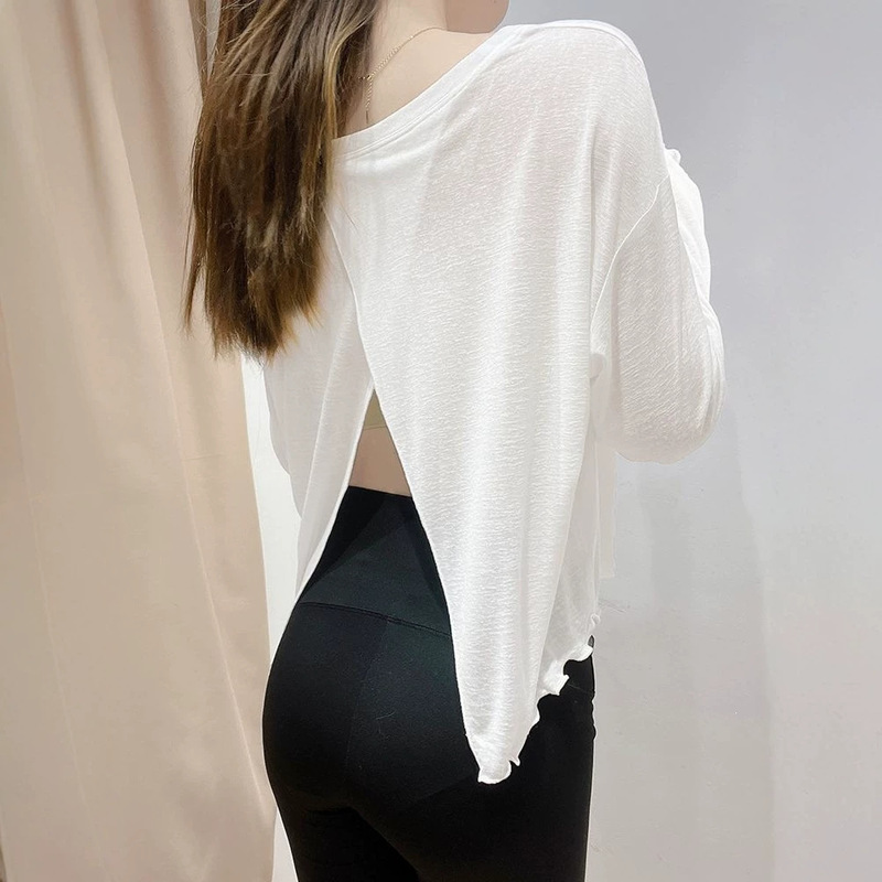 Back Slit Sun Protection Clothing, Round Neck Thin Long-Sleeved T-Shirt, Women's Summer Beach Top, Ice Silk Slightly See-Through Cover-Up