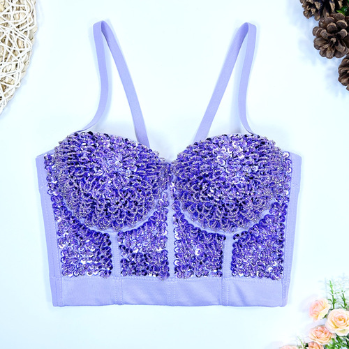 European and American Amazon gold and silver starry beaded bra stage performance clothing sexy tube top fishbone suspender for women