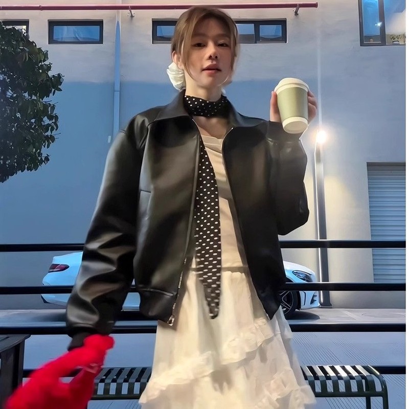 美式复古黑色皮衣外套女秋季新款高级感拉链短款机车服pu皮夹克潮|undefined