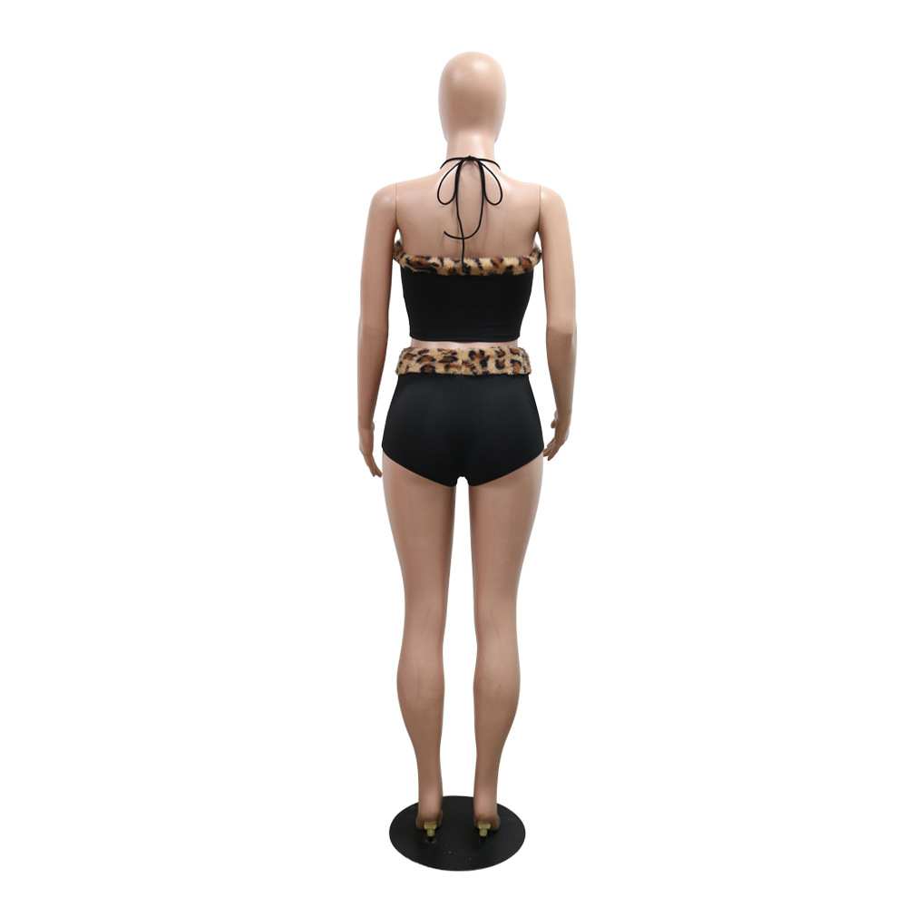 Women Sexy Knotted Short Top with Ultra Short Leopard Splicing Milk Silk Two Piece Set