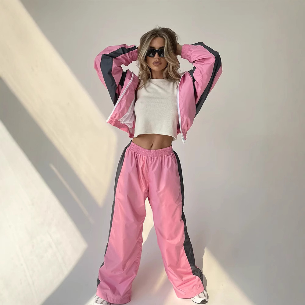 European and American Women's Casual Fashion Set, Loose Color-Block Long-Sleeve Zip-Up Cardigan, Color-Contrast Top, and Long Pants Sports Suit