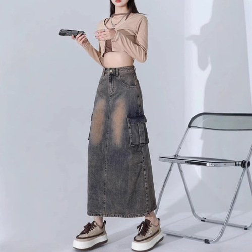 Vintage Cowboy Skirt Semi-annual Skirt New Women Spring Autumn Petite Long Length High-waist Bubble Butt A-line Skirt