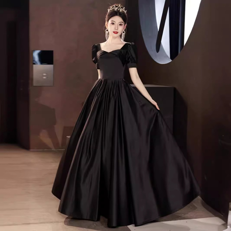 French Black Satin Hepburn Style Fugitive Princess Evening Dress Western Style Birthday Annual Meeting Host Graduation Dress French Black Satin Hepburn Style Fugitive Princess Evening Dress Western Style Birthday Annual Meeting Host Graduation Dress