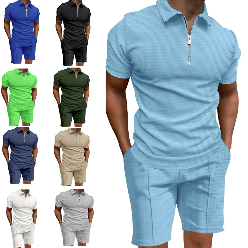 Cross-Border 2025 Summer Men's Polo Shirt Suit Pure Color Waffle Short-Sleeved Slim Lapel T-Shirt Casual Men's Style