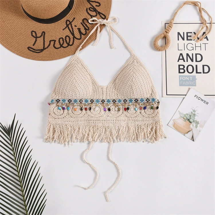 Bra top / knitted crop tank with cups and straps, backless, embroidered trim, one size