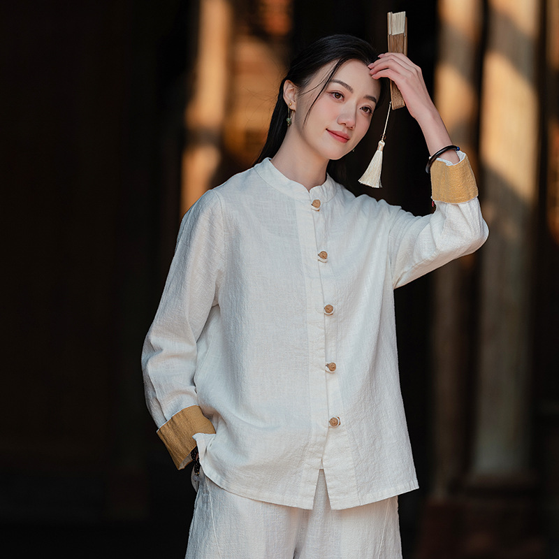 中式棉麻女装拼色盘扣衬衫复古亚麻上衣茶服女禅意中山装国风开衫