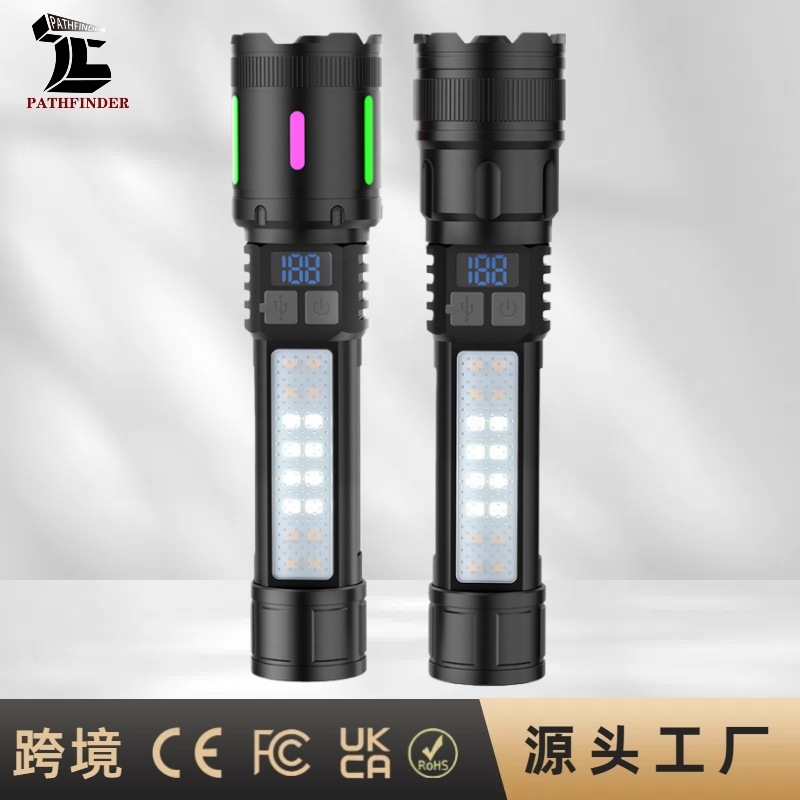 新款超亮手电筒数显轻便伸缩变焦红蓝警示灯户外应急灯强光手电筒