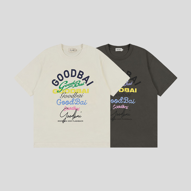 Goodbai Combination Logo Multi-Color Printed Round Neck Oversize Short-Sleeved T-Shirt White Dark Gray Linen No