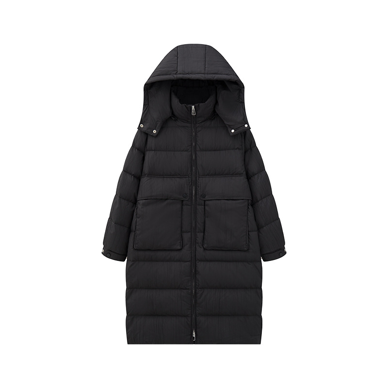 Chaqueta larga de plumón de ganso sobre la rodilla 90 chaqueta suelta con capucha de terciopelo temperamento tejido de textura de viaje arrugado ropa de mujer 24 invierno