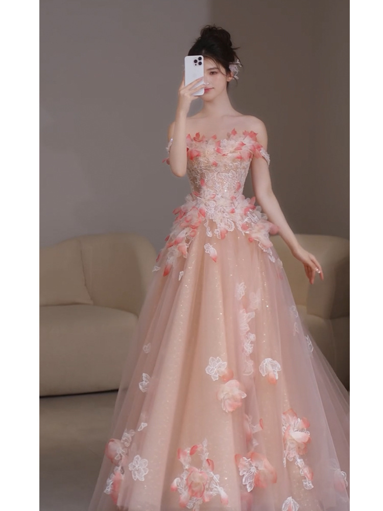 Vestido de noche rosa para mujer, vestido de compromiso con flores de un solo hombro, banquete de cumpleaños, anfitrión, ceremonia para adultos, vestido de brindis, novia