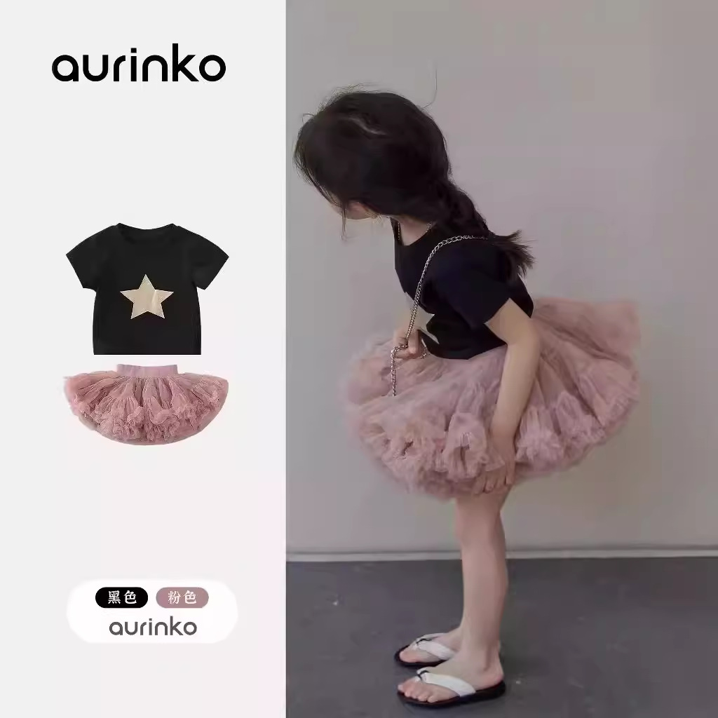 Summer New Tutu Skirt Set Girl's Short-sleeved T-shirt Mesh Skirt Baby Girl's Two-piece Set of 8