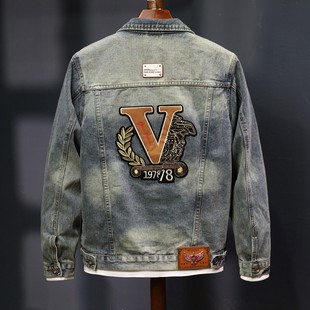 European sense locomotive Denim coat men's retro nostalgic leisure fashion brand slim light luxury soft waxy Hong Kong brand