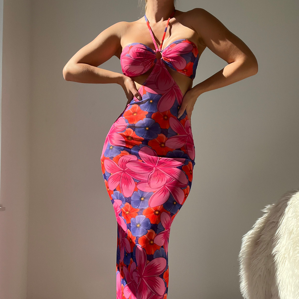 امرأة فستان الشمس جنسي البوهيمي الرقبة الرسن بلا أكمام الأزهار ديتسي فستان طويل ماكسي شاطئ بحر display picture 1