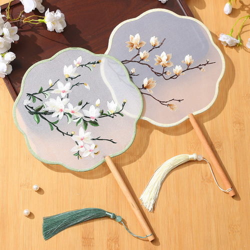 Tuanfan ancient fan children's summer semi-transparent long-handled tassel dance fan women's costume Hanfu cheongsam embroidered small round fan