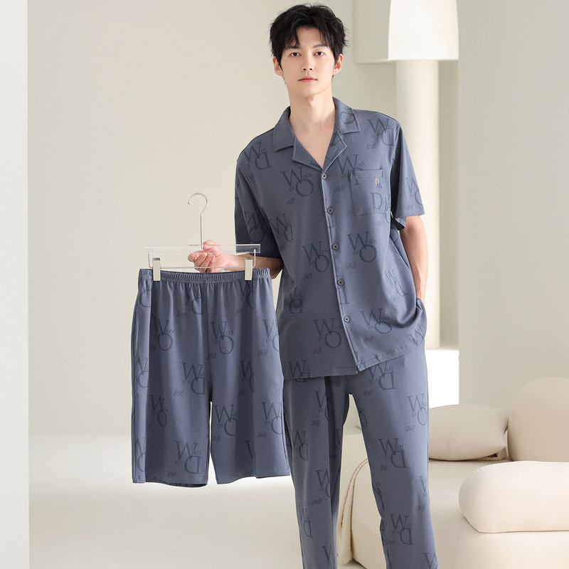 2026 Summer 100% Cotton Pajamas for Men 7A Antibacterial Three-Piece Set Large Size Pure Color Simple Casual Cotton Home Clothes