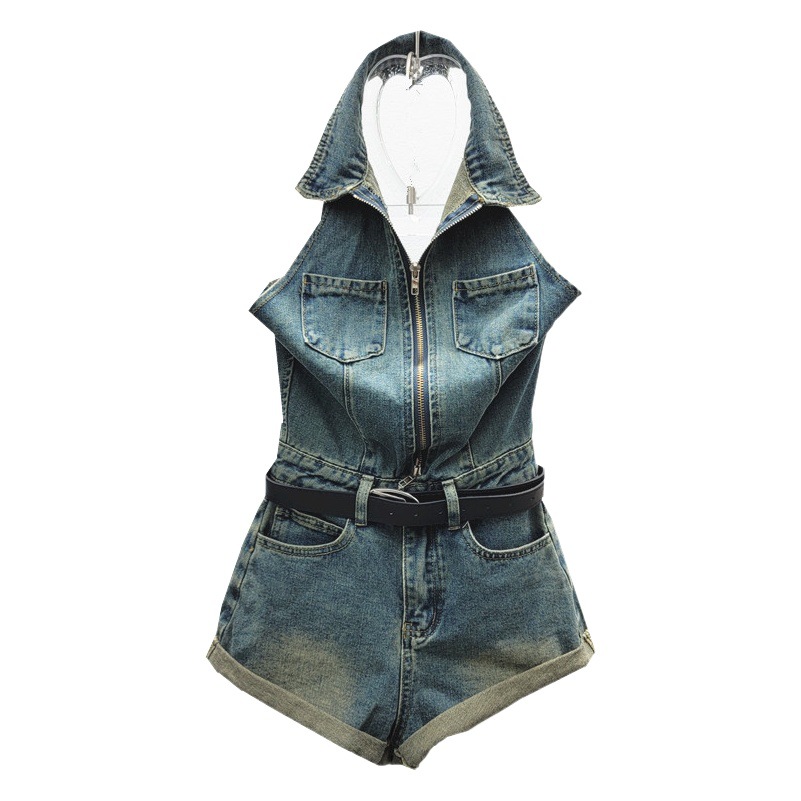 Verano nuevo estilo coreano cuello POLO sin mangas Chaleco de un solo pecho + cintura alta curling pantalones cortos de pierna ancha traje de mezclilla de las mujeres
