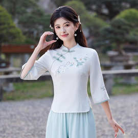 好质量中式上衣中国风手工盘扣唐装茶艺服女禅服雪纺裤套装